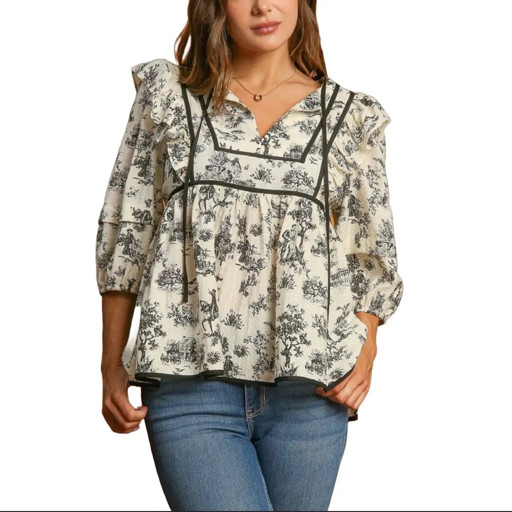 Umgee Ruffled Brown Patterned Blouse - image 2